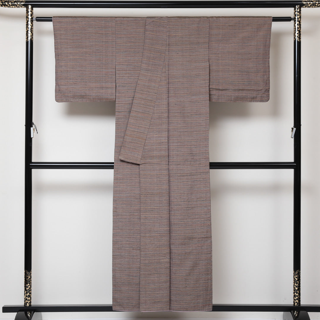 紬 袷 身丈153cm 裄丈63cm 正絹 Sランク カジュアル 広衿 Sサイズ 縞 茶系 RP 1223-03087