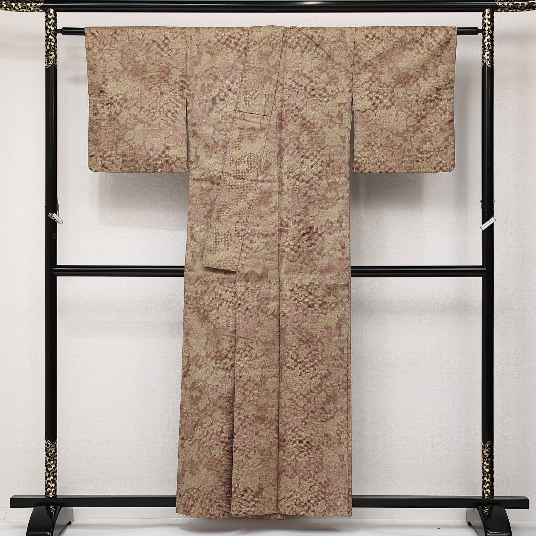 洗える着物 紬 袷 身丈156cm 裄丈64cm ポリエステル Sランク カジュアル 広衿 Mサイズ 葡萄 ベージュ系 RP 1223-14205