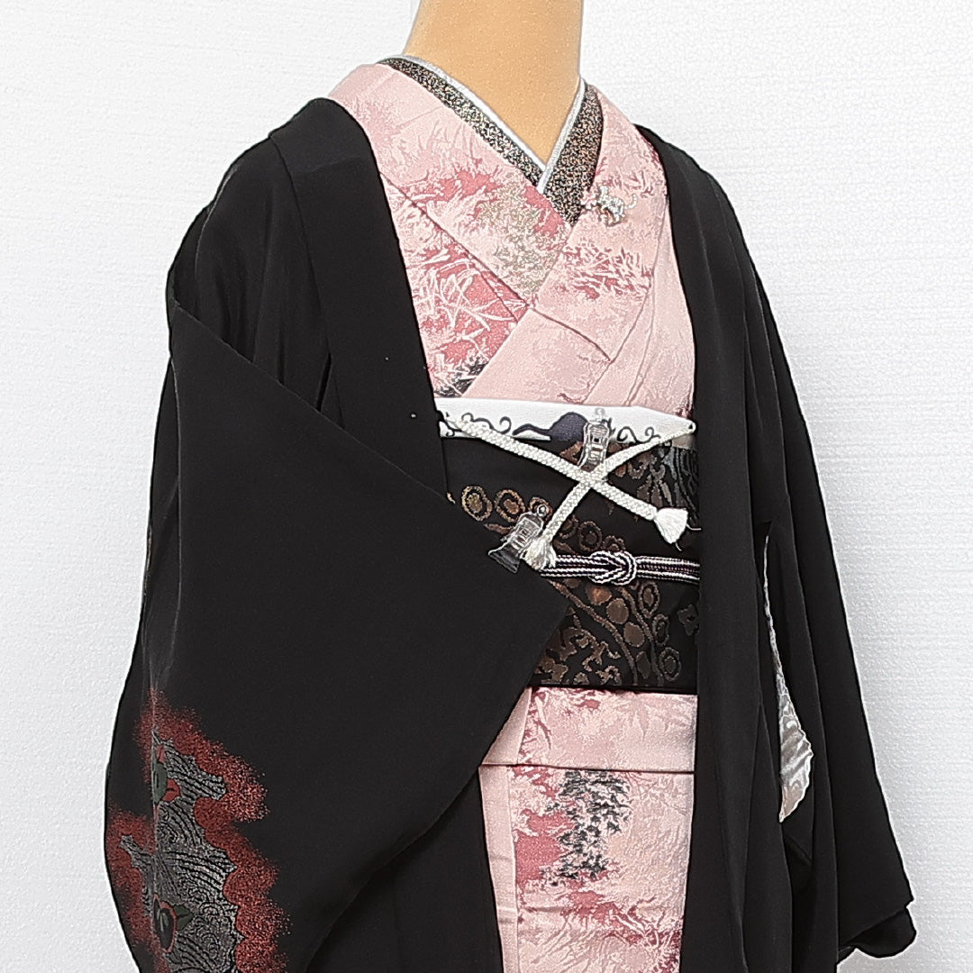 アンティーク 黒羽織 袷 身丈76cm 裄丈63cm 正絹 Aランク Sサイズ 紐あり 吉祥文様 黒系 RP 1233-13941