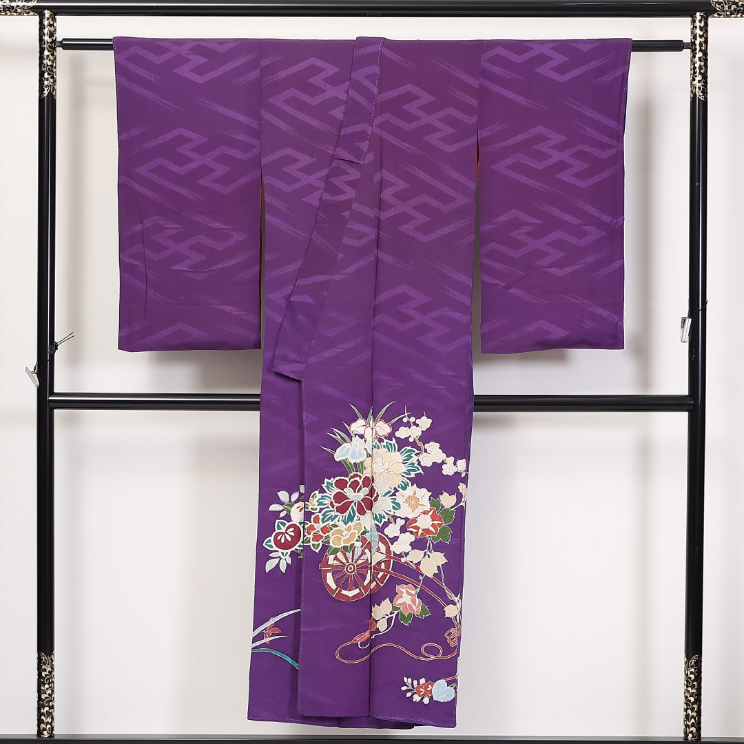 アンティーク 訪問着 (錦紗) 袷 身丈147cm 裄丈61cm 正絹 Cランク 一つ紋 (五三桐) 紋意匠 (紗綾型) バチ衿 XSサイズ 花車 橘 紫系 PO 1217-04628