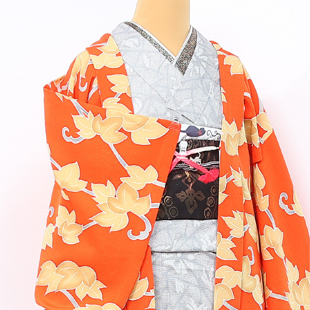 羽織 袷 身丈78cm 裄丈62cm 正絹 Sランク カジュアル Sサイズ 紐あり 唐草 アイビー 朱系 RP 1232-12109