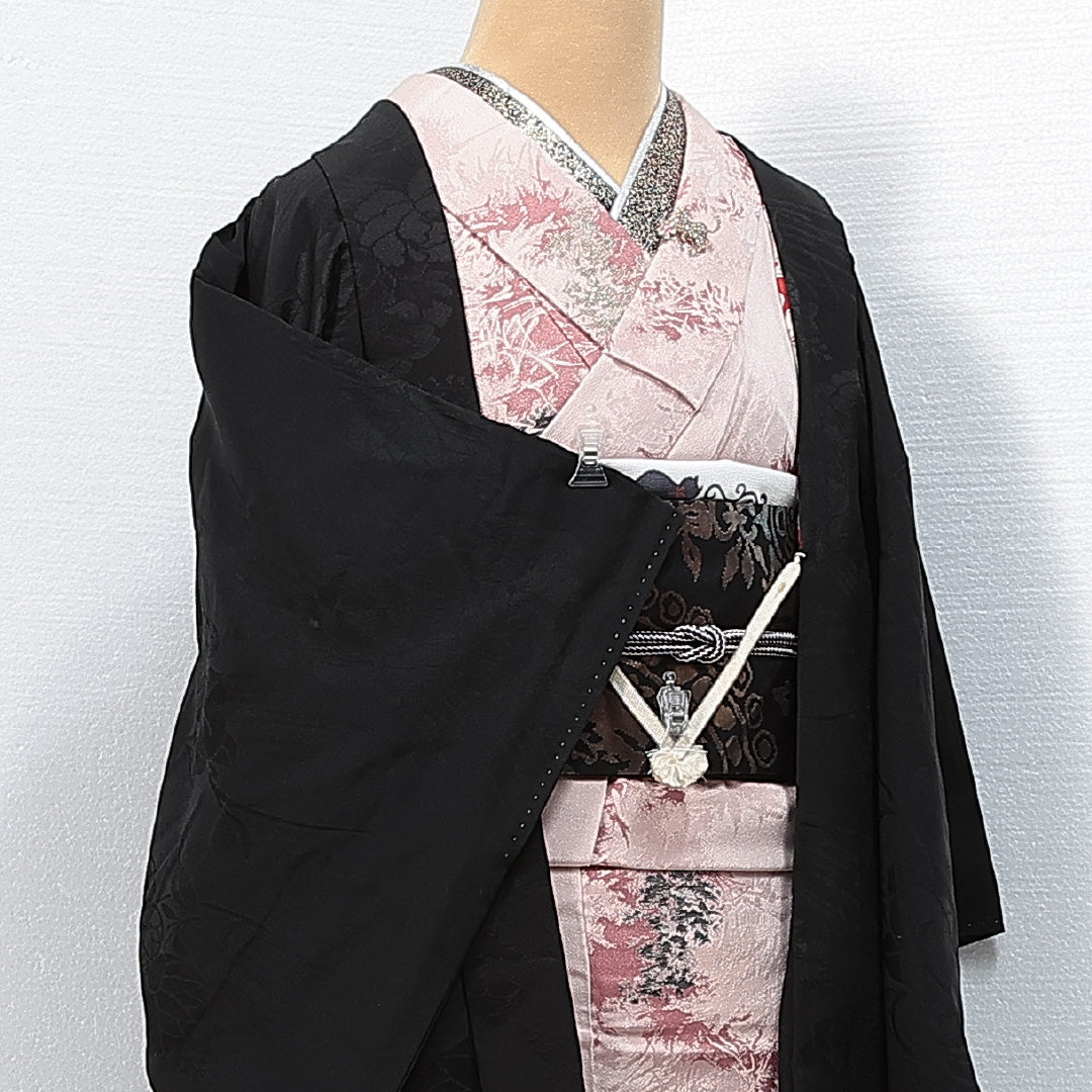 アンティーク 黒羽織 袷 身丈80cm 裄丈63cm 正絹 Aランク 一つ紋 (丸に三つ柏) Sサイズ 紐あり 橘 黒系 RP 1233-14711