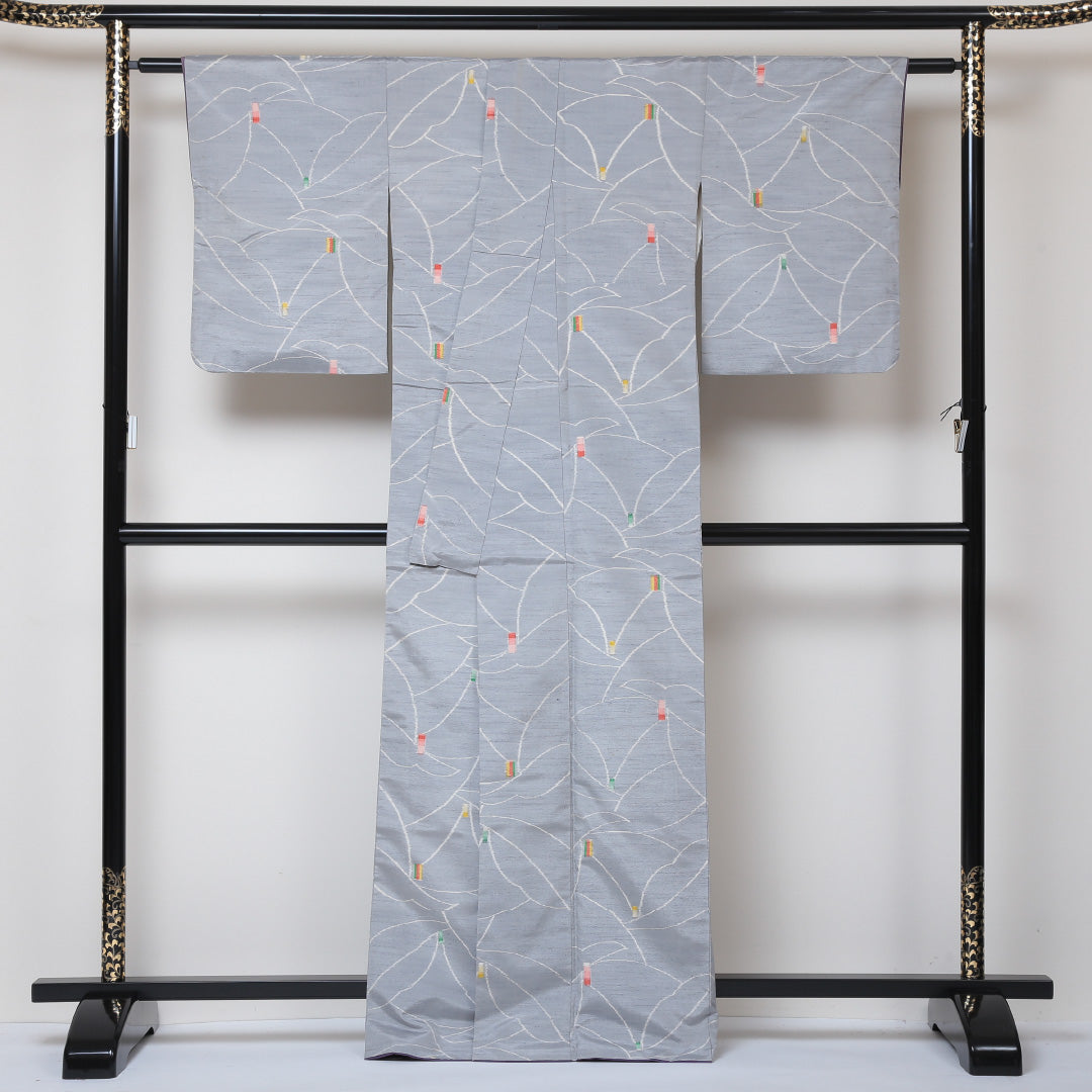 紬 袷 身丈166cm 裄66cm 正絹 グレー系 Bランク 1216-00568