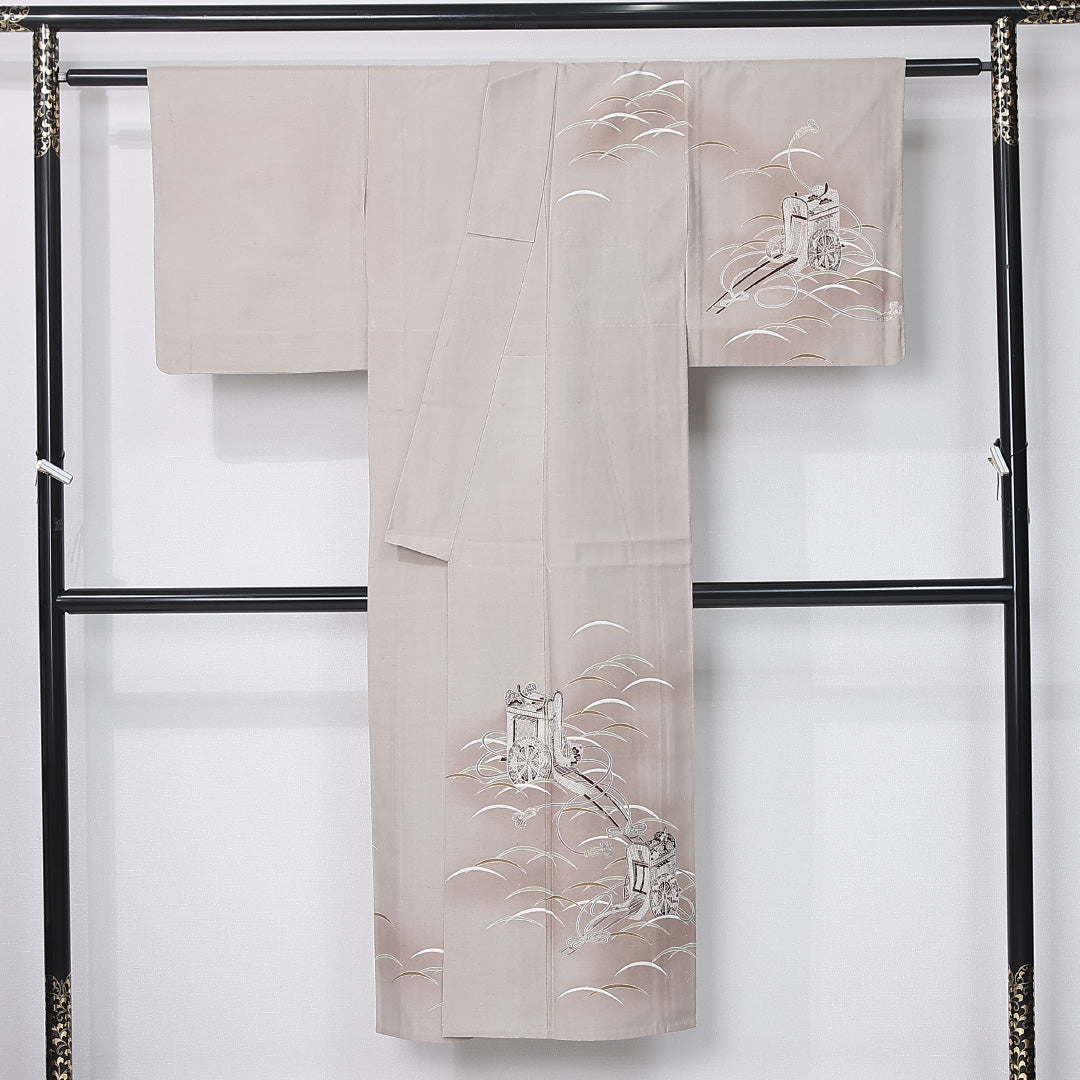 訪問着 単衣 身丈142cm 裄丈59cm 正絹 Aランク セミフォーマル 広衿 XSサイズ ぼかし染 金彩 御所車 染紬 茶系 M4 1217-12219