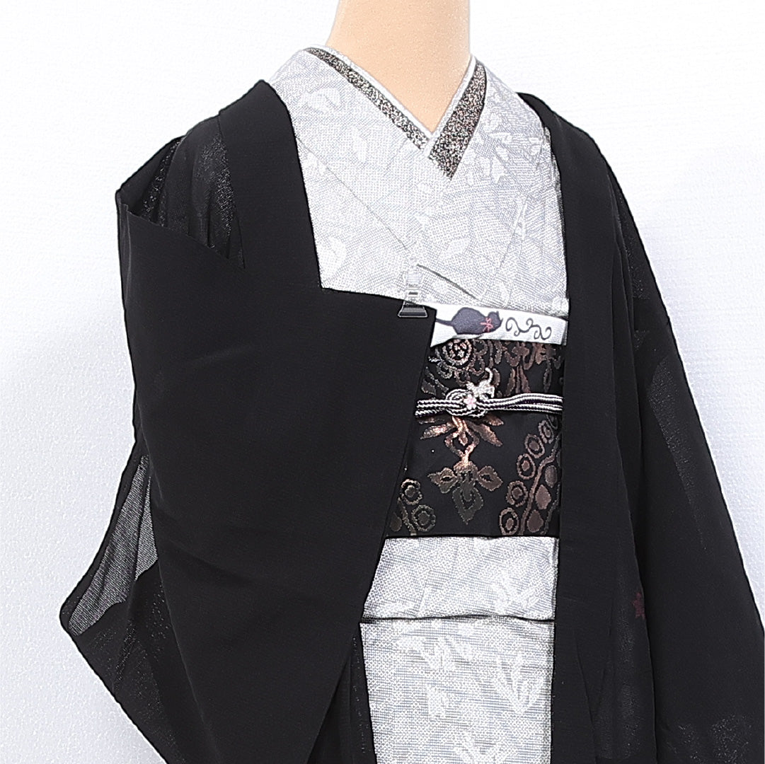 夏物 黒羽織 絽 身丈73cm 裄丈60cm 正絹 Sランク インフォーマル Sサイズ 絵羽羽織 楓 黒系 M4 1233-11158