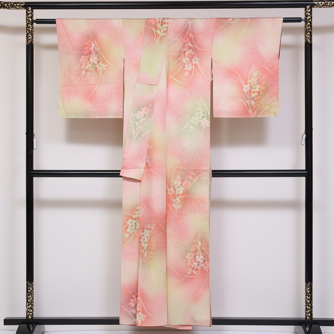 小紋 袷 身丈154cm 裄丈64cm 正絹 Sランク インフォーマル 広衿 Sサイズ ぼかし染 菖蒲 ピンク系 RP 1221-01800