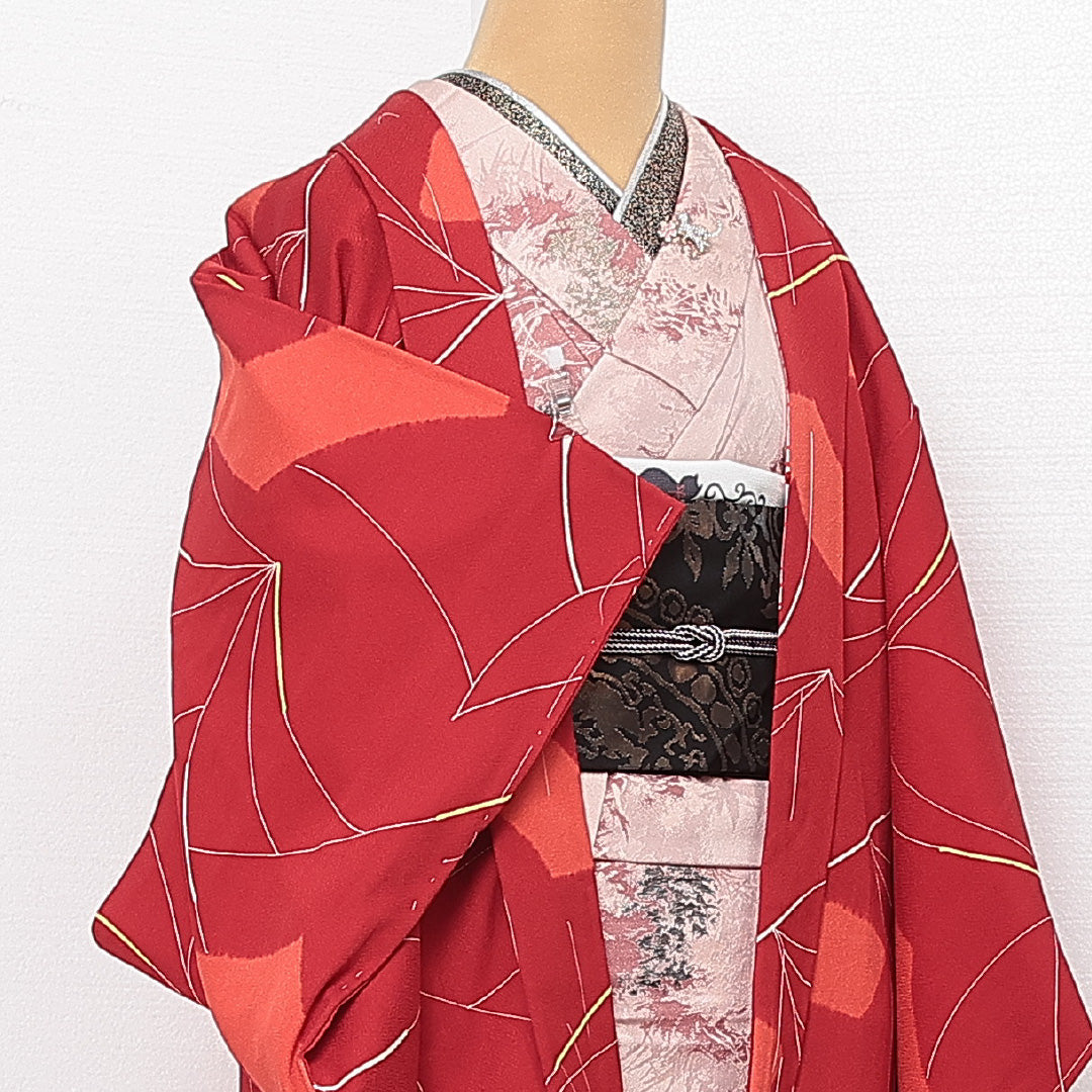 未使用品 羽織 袷 身丈74cm 裄丈63cm 正絹 Sランク カジュアル Sサイズ しつけ糸 創作柄 赤系 RP 1232-13873