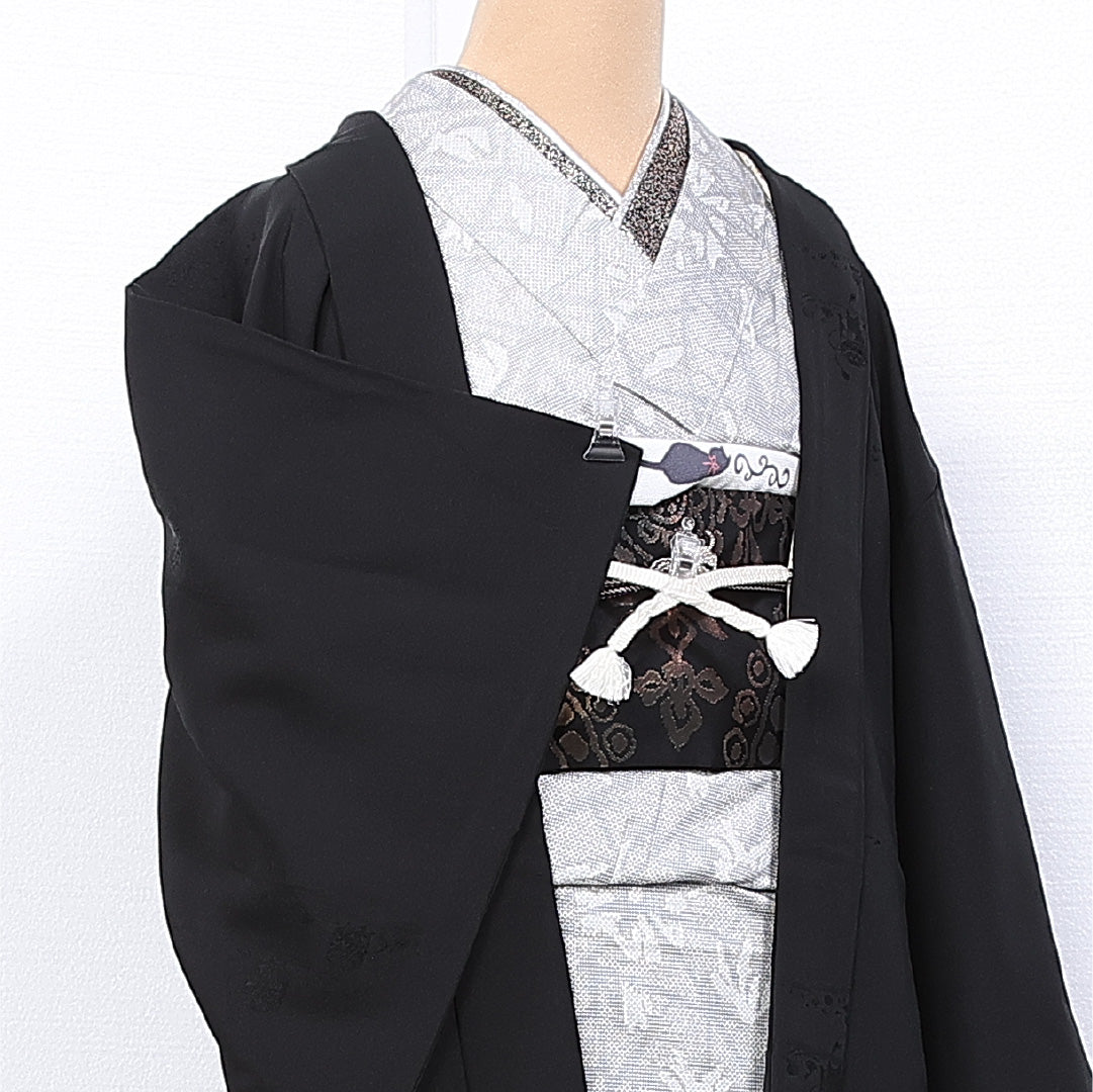 羽織 身丈76cm 裄丈62cm S 正絹 Sランク 袷 一つ紋 丸に片喰 黒羽織 紐あり 創作 1217-11145