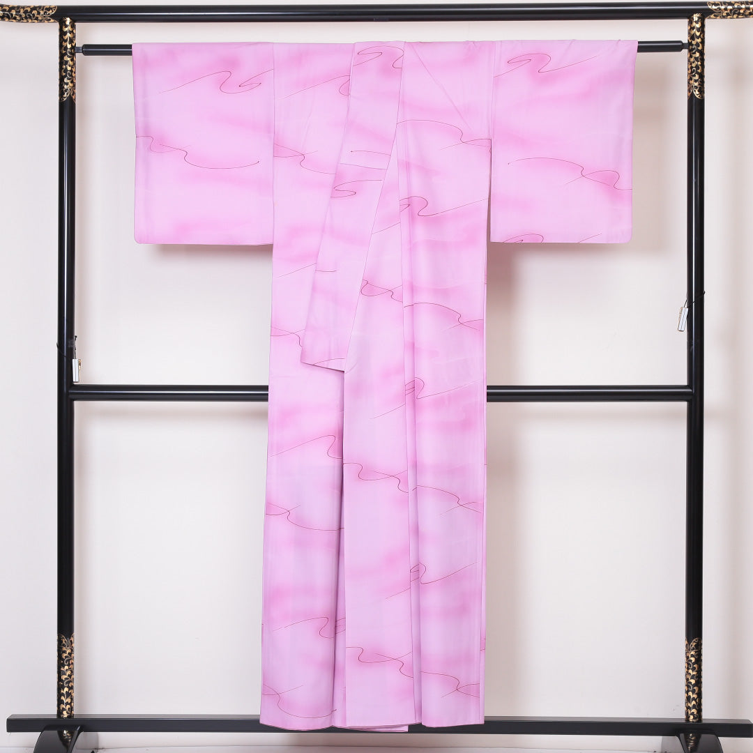 小紋 袷 身丈152cm 裄61cm ピンク系 流水 洗える着物 Bランク 1215-01860-4213