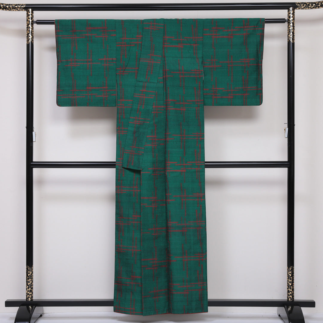 紬(真綿紬) 袷 身丈157cm 裄丈62cm 正絹 Sランク Mサイズ 広衿 カジュアル 創作柄 緑系 1216-03161