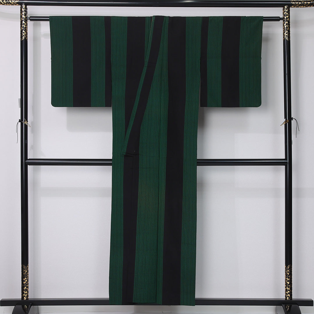 紬 単衣 身丈153cm 裄丈62cm 正絹 Aランク カジュアル バチ衿 Sサイズ 縞 緑系 RP 1223-12375