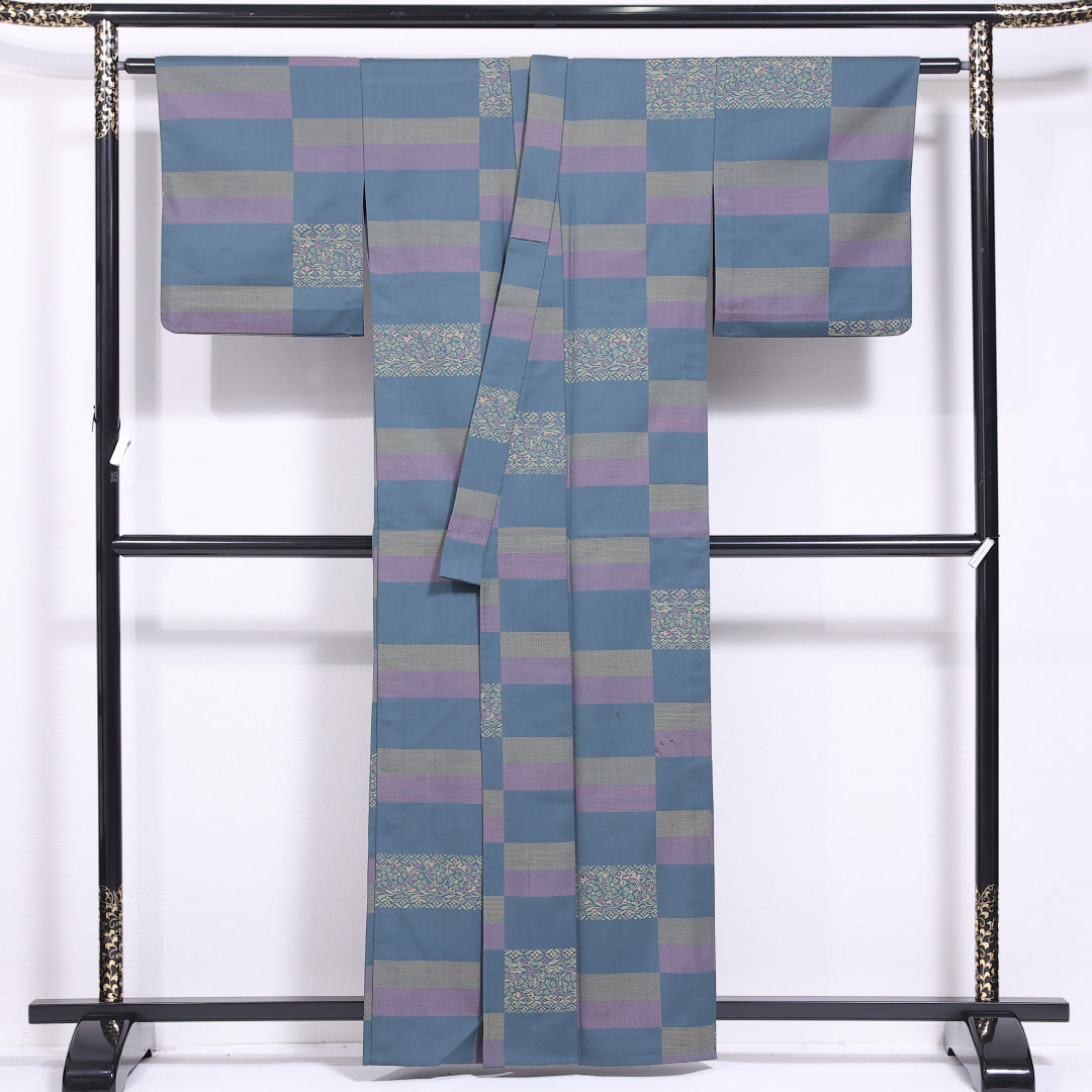 洗える着物 ウールの紬 単衣 身丈158cm 裄丈62cm ウール Bランク カジュアル バチ衿 Mサイズ 市松 青系 HP 1223-11556