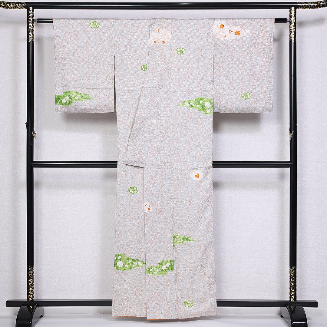 小紋 身丈158.5cm 裄丈63cm Aランク 袷 正絹 広衿 刺繡 部分絞り 紅葉 1215-10172