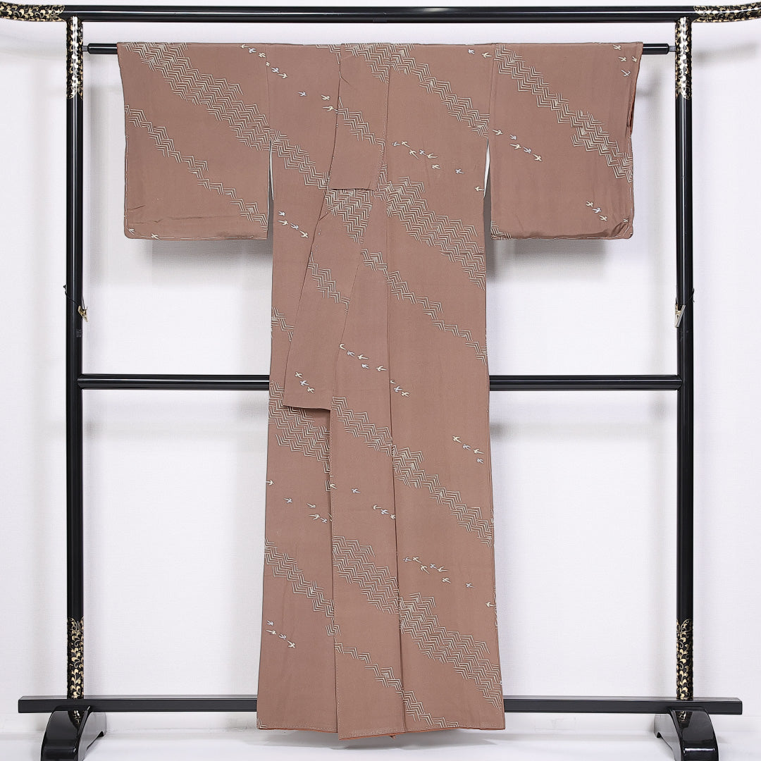 小紋 袷 身丈157cm 裄丈65cm 正絹 Sランク インフォーマル 広衿 Mサイズ 燕 茶系 RP 1221-10171