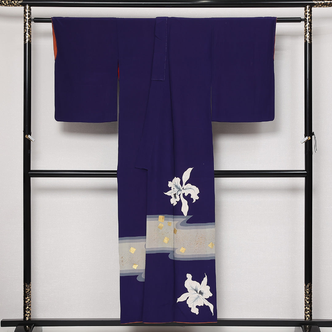アンティーク 付下げ 袷 身丈145cm 裄丈61cm 正絹 Aランク バチ衿 XSサイズ 金箔 カサブランカ 紺系 PO 1218-13606