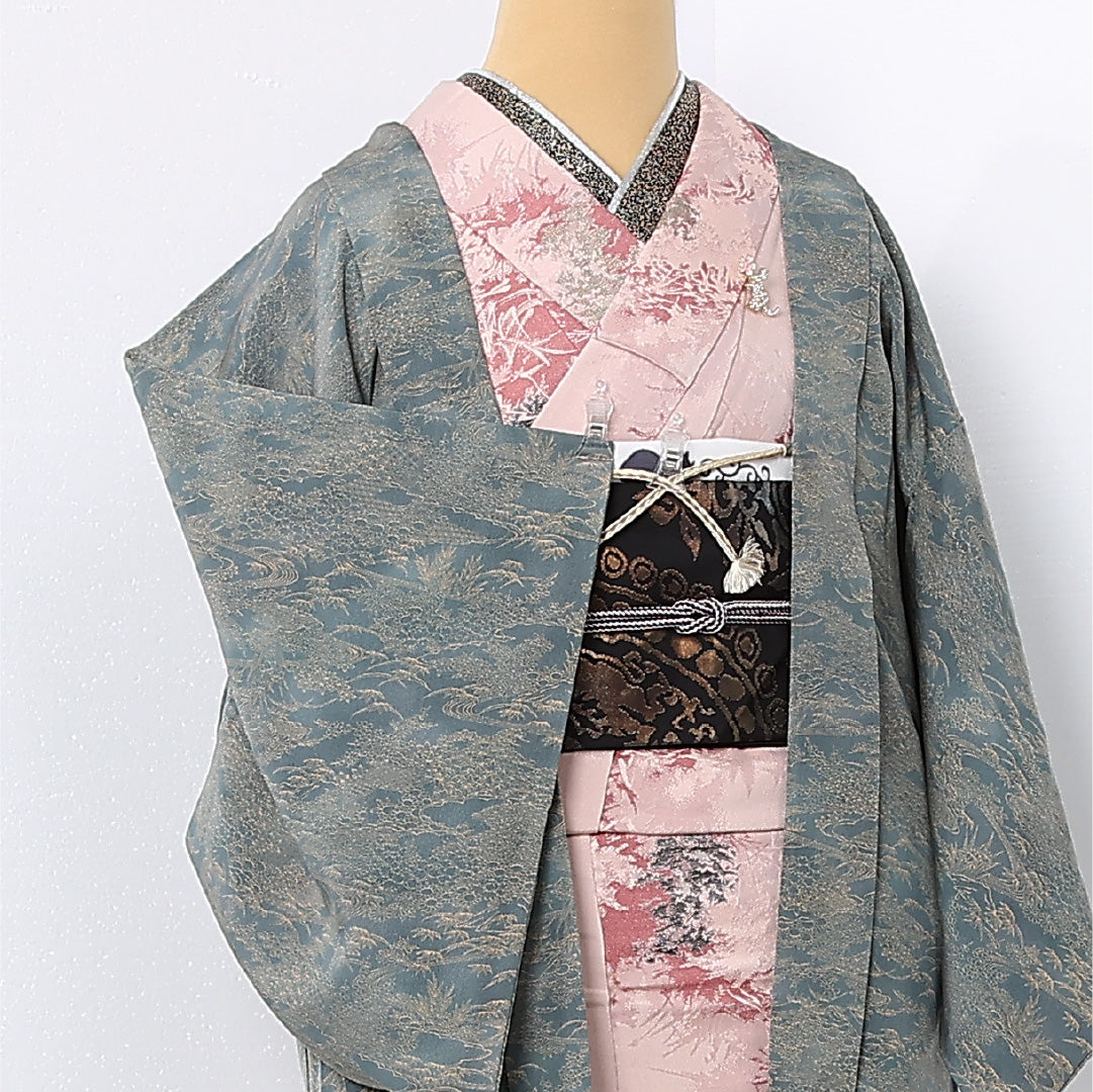 羽織 袷 身丈76cm 裄丈62cm 正絹 Sランク カジュアル Sサイズ 紐あり 八橋 水色系 RP 1232-12718
