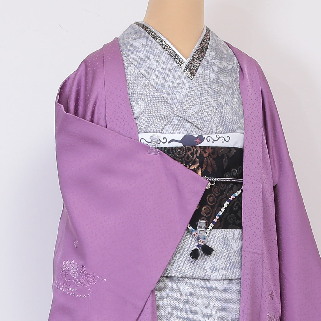 羽織 袷 身丈84cm 裄丈62cm 正絹 Aランク カジュアル Sサイズ ふくれ織 刺繍 紐あり 花柄 紫系 RP 1232-06036