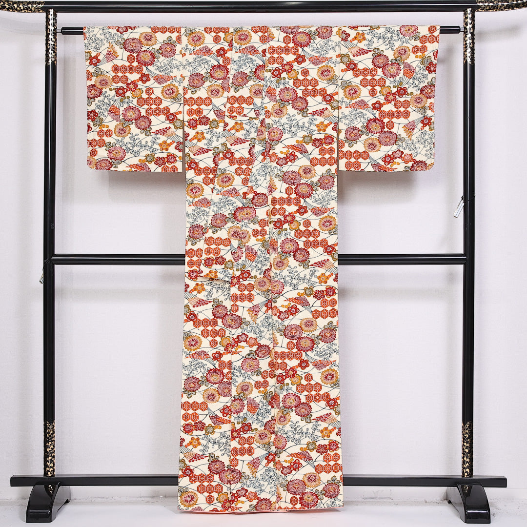 小紋 身丈161cm 裄丈64cm L ポリエステル Sランク 袷 洗える着物 広衿 紅型 吉祥文様 1215-10537