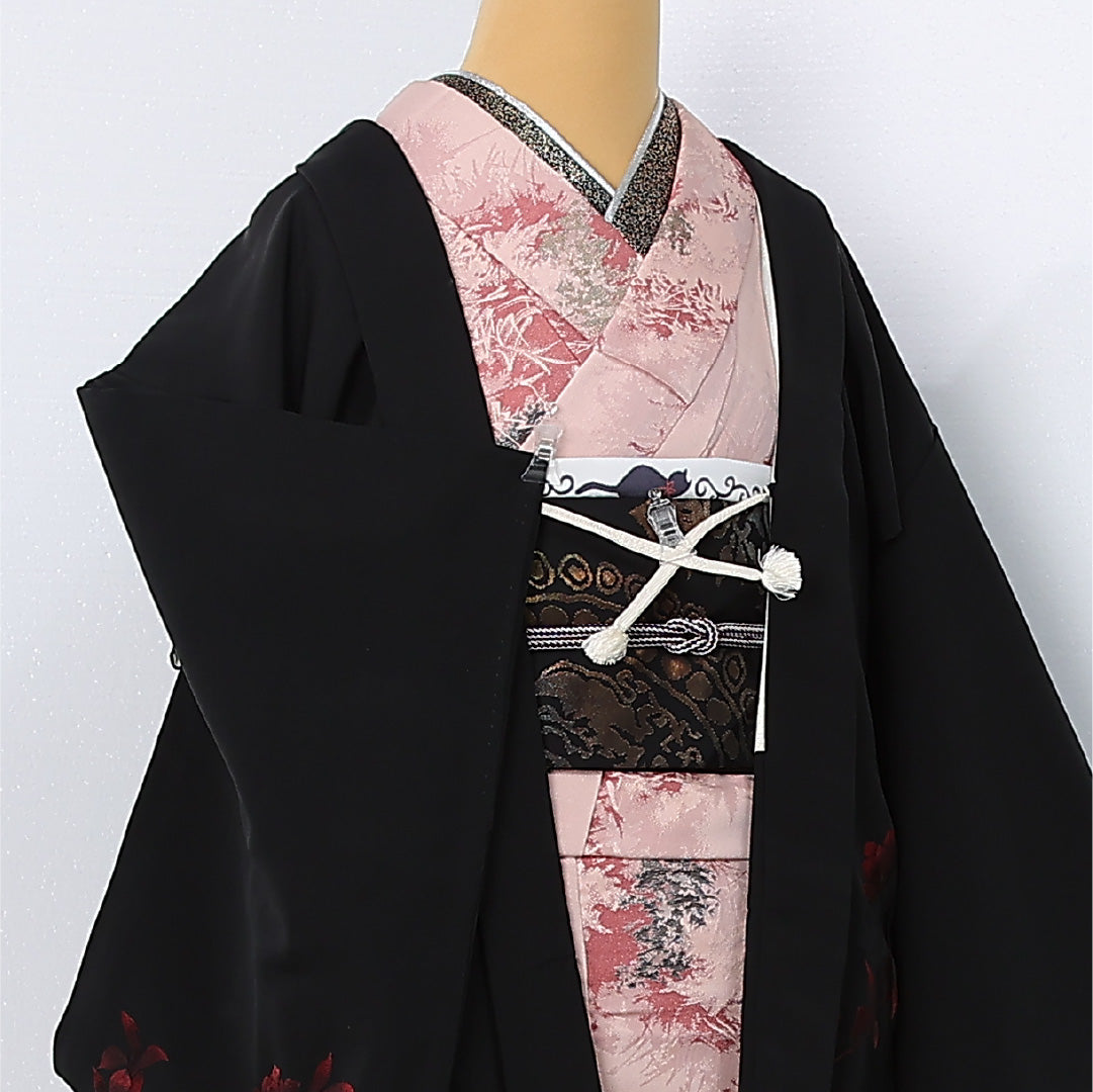 黒羽織 袷 身丈78cm 裄丈63cm 正絹 Aランク インフォーマル Sサイズ 刺繍 紐あり 木瓜 黒系 RP 1233-12594