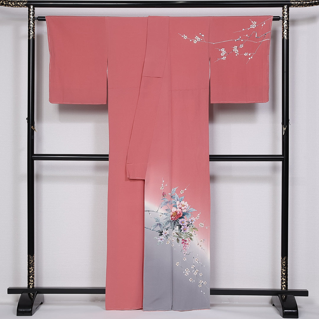 訪問着 身丈161cm 裄丈63cm 正絹 Sランク 袷 広衿 梅 牡丹 作家物 落款 しつけ糸 1212-10219