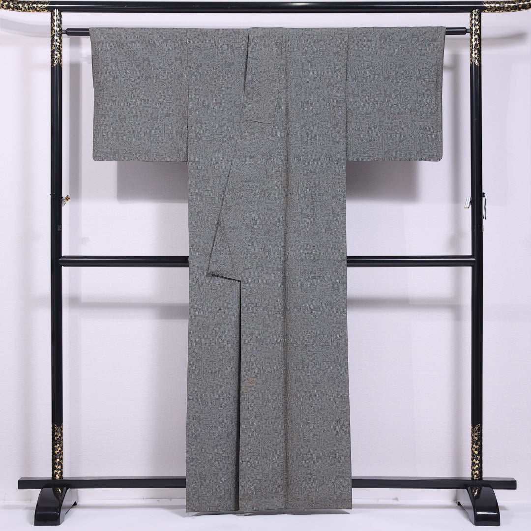 小紋 袷 身丈160cm 裄丈62cm 正絹 Bランク インフォーマル 広衿 Lサイズ 創作柄 グレー系 RP 1221-11811