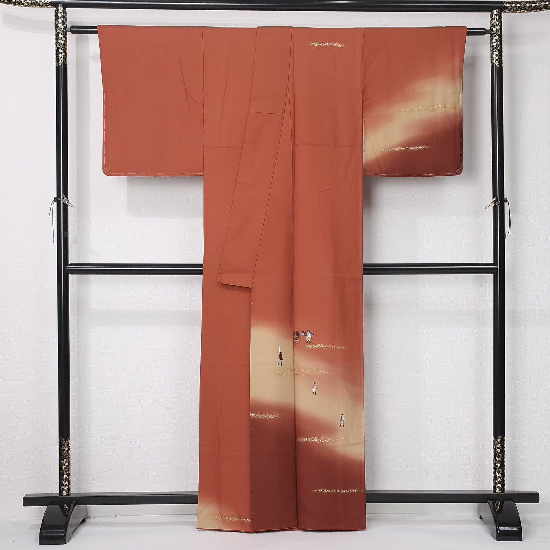 訪問着 袷 身丈160cm 裄丈64cm 正絹 Sランク セミフォーマル 広衿 Lサイズ ぼかし染 金彩 刺繍 人物 茶系 RP 1217-12442