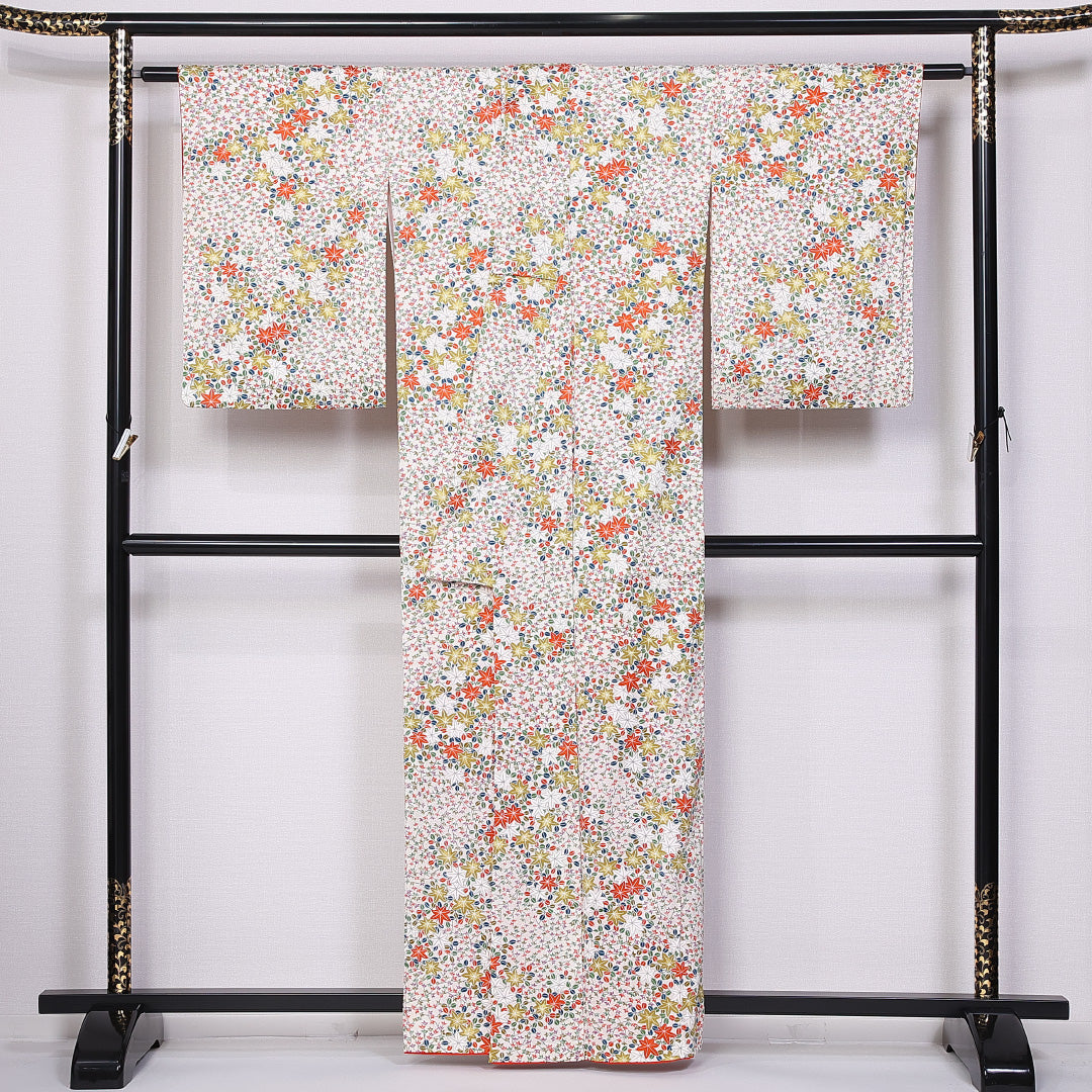 小紋 身丈160cm 裄丈55.5cm L 正絹 Sランク 袷 広衿 紅葉 萩 1215-10833