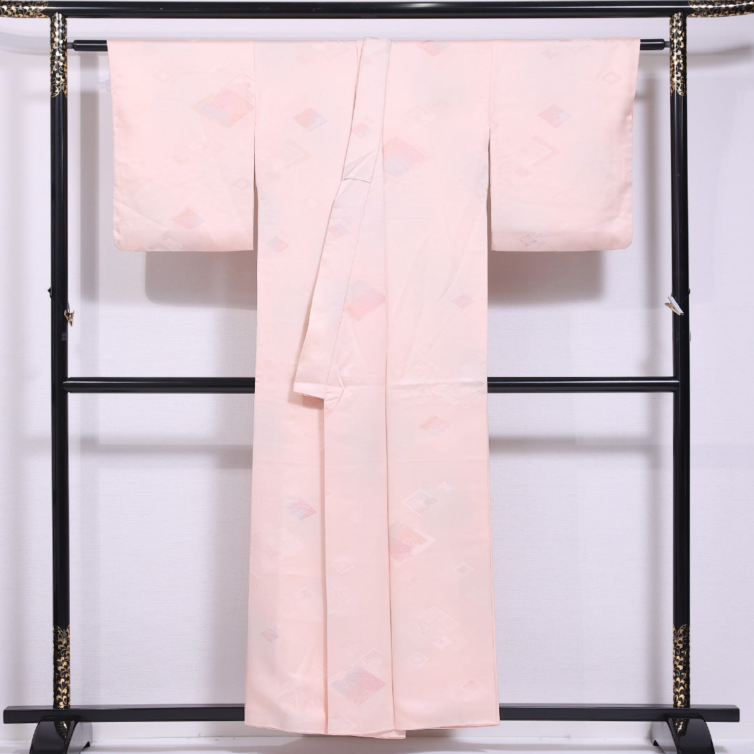 小紋 袷 身丈153cm 裄丈64cm 正絹 Cランク インフォーマル バチ衿 Sサイズ 色無地 松皮菱 ピンク系 LP 1221-11577