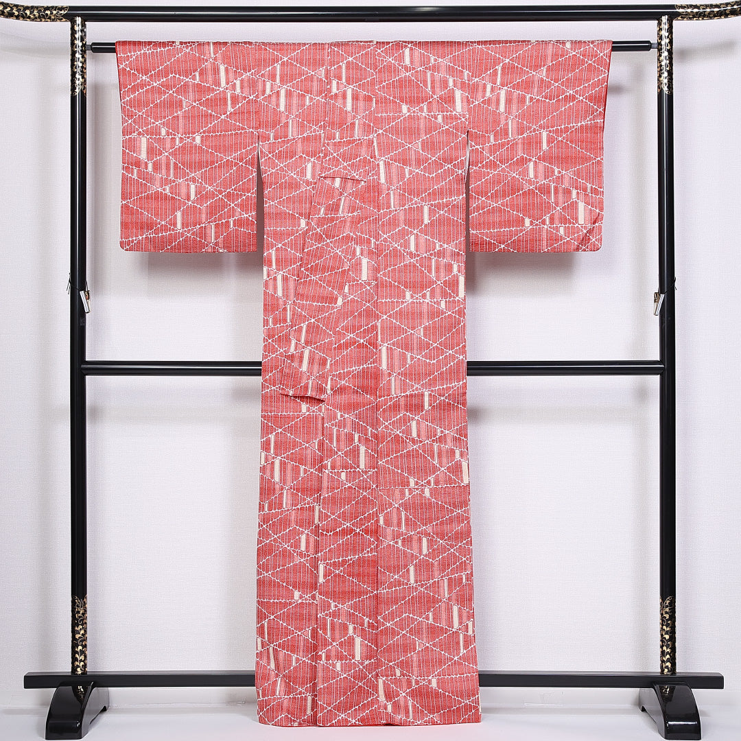 小紋 袷 身丈162cm 裄丈63cm 正絹 Aランク 紋意匠 (創作柄) インフォーマル 広衿 Lサイズ 創作柄 赤系 PO 1221-10155