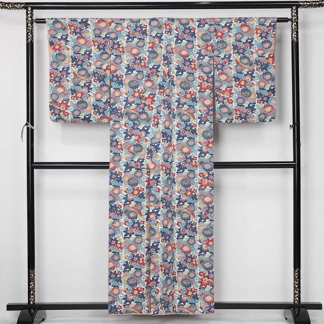 アンティーク 京紅型 小紋 身丈154cm 裄丈64cm Aランク S 正絹 袷 広衿 ポップ 扇 菊 紅葉 青系 1215-12507