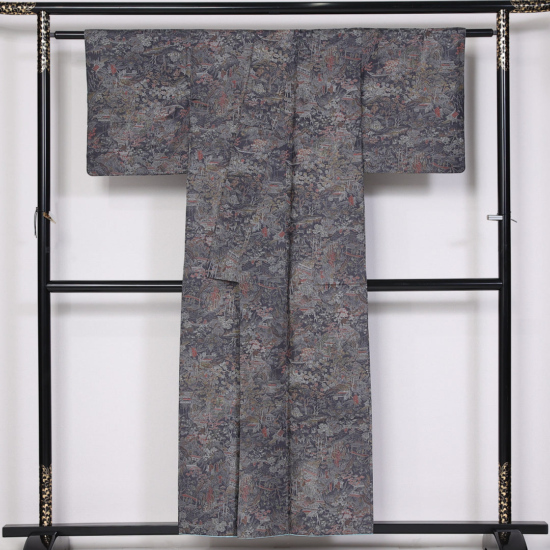大島紬 袷 身丈153.5cm 裄62cm 正絹 茶屋辻 グレー系 Aランク 1216-01409