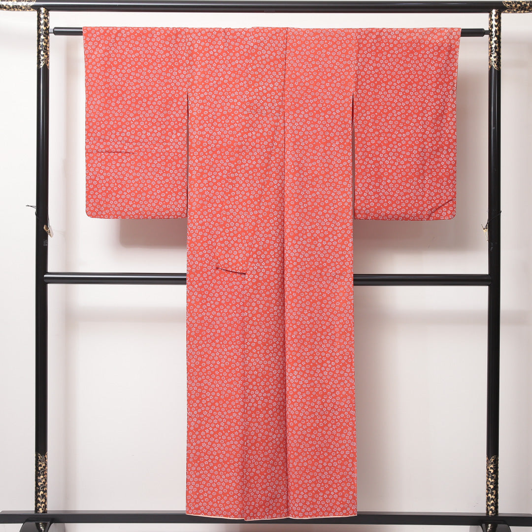 アンティーク 小紋 袷 身丈149cm 裄丈62cm 正絹 Aランク 広衿 XSサイズ 花柄 朱系 RP 1221-02245