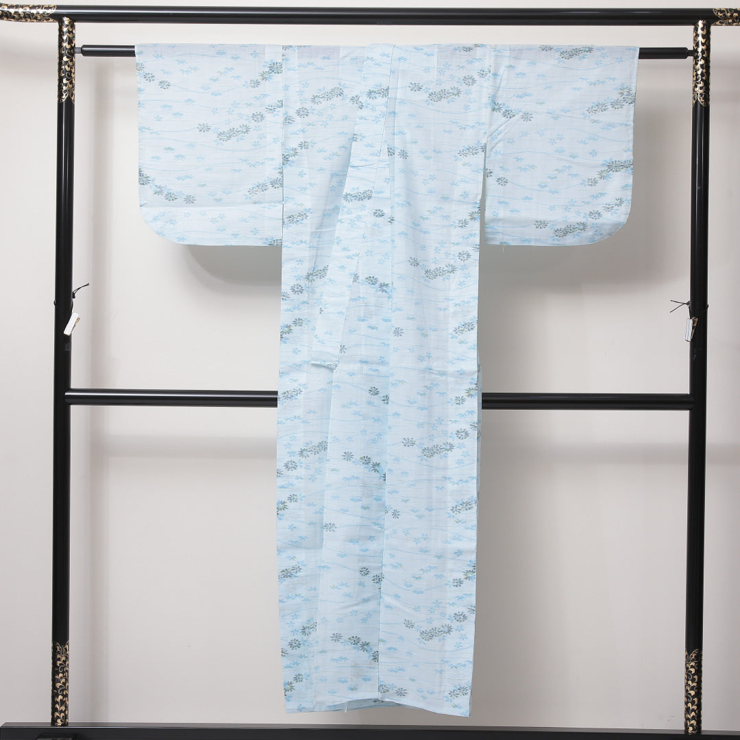 小紋 洗える着物 単衣 身丈148cm 裄丈62cm 綿麻 Bランク XSサイズ バチ衿 インフォーマル 居敷当て 肩当て 流水 笹 水色系 1215-02206