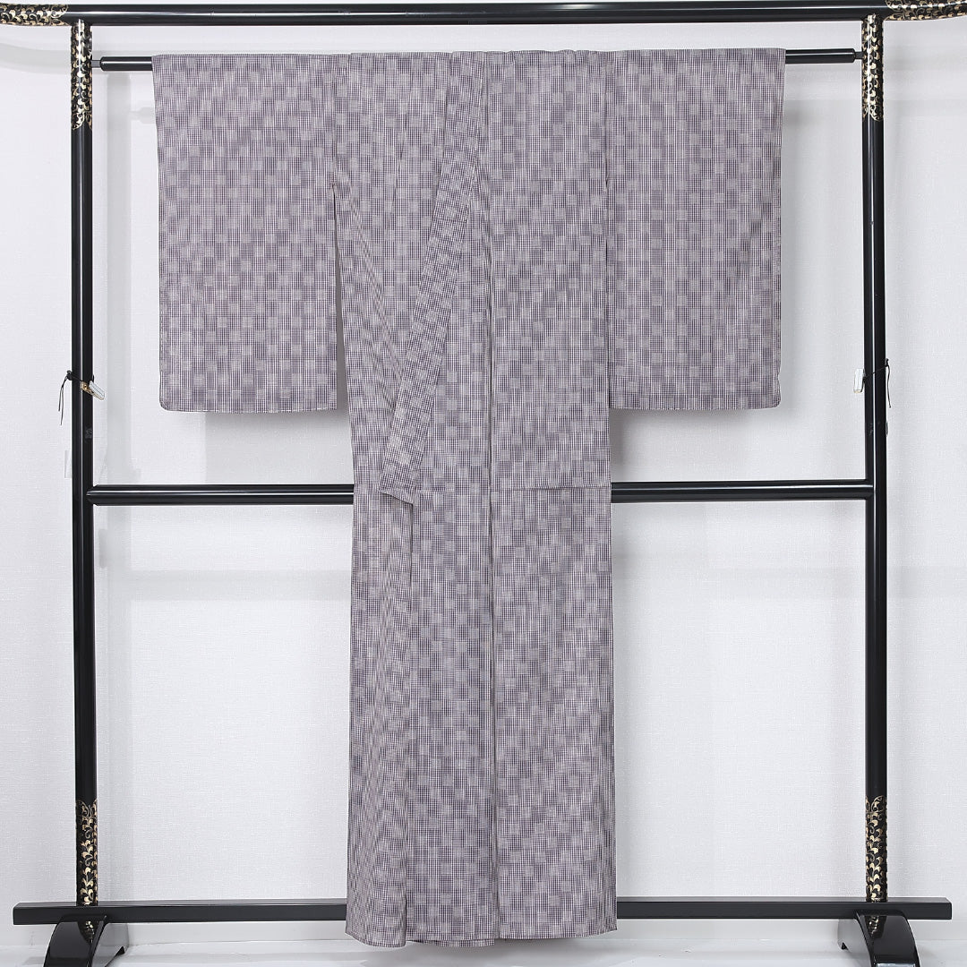 夏物 紬 身丈156cm 裄丈61cm Bランク M 正絹 夏紬 バチ衿 市松 カジュアル 紫系 1216-12302