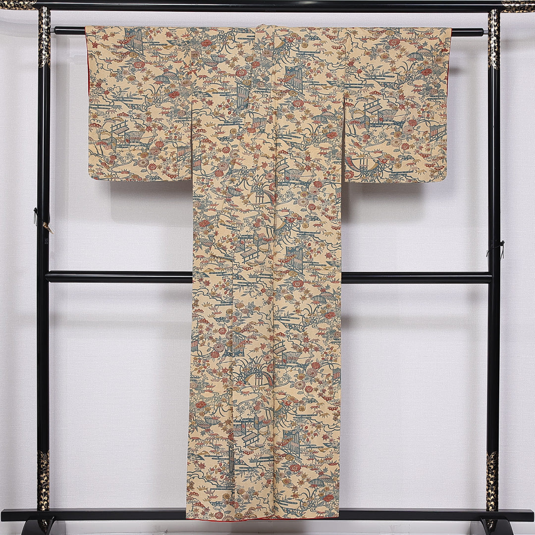 アンティーク 紬 袷 身丈153cm 裄丈63cm 正絹 Aランク バチ衿 Sサイズ 江戸紅型 松竹梅 光悦垣 黄系 M4 1223-11010