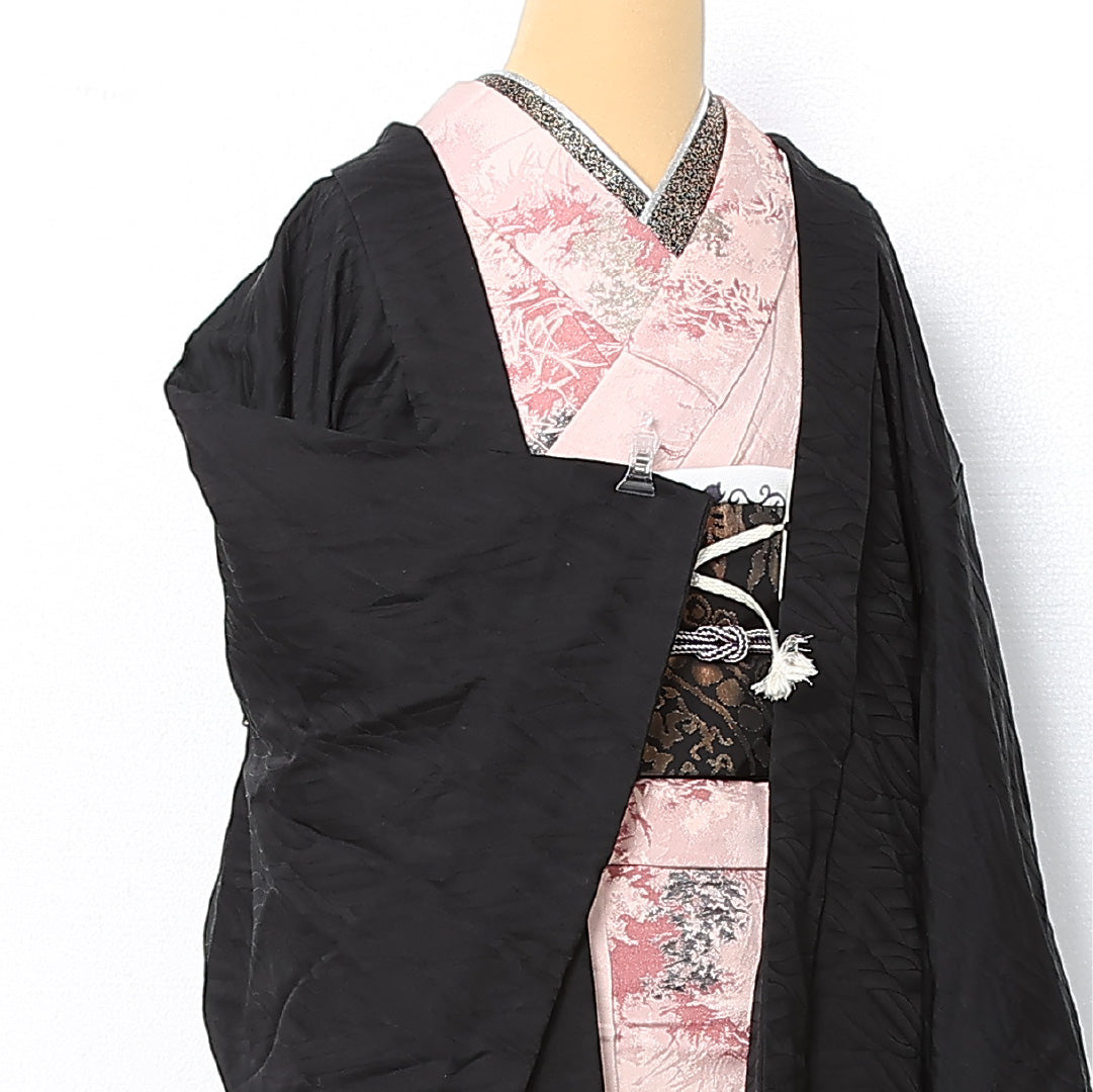 黒羽織 袷 身丈79cm 裄丈66cm 正絹 Sランク 一つ紋 (下がり藤) セミフォーマル Mサイズ 紐あり 波 黒系 RP 1233-12740