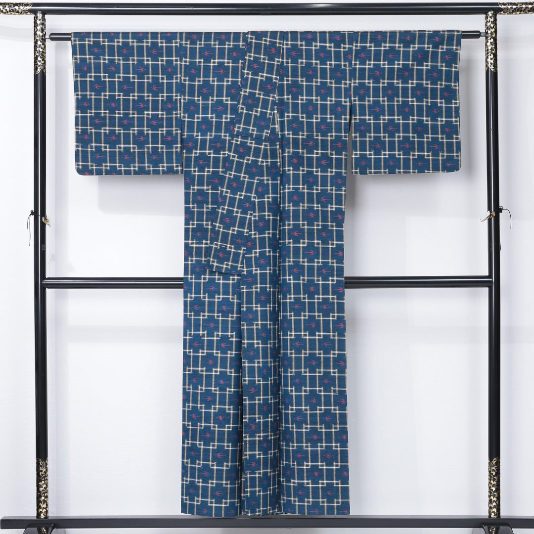 紬 単衣 身丈150cm 裄丈63cm 正絹 Sランク カジュアル 広衿 Sサイズ 燕 青系 RP 1223-12345