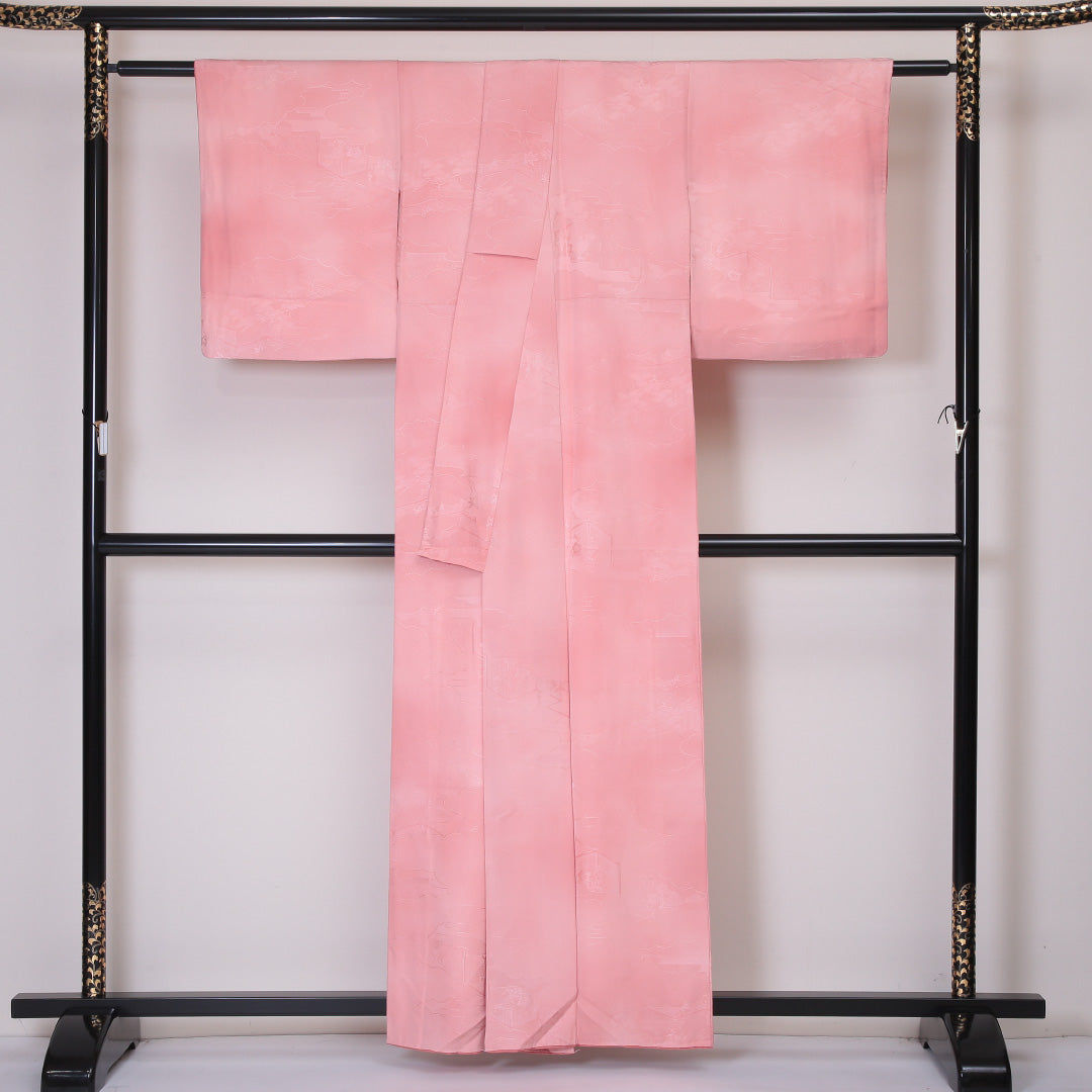 色無地 袷 身丈159cm 裄62.5cm 正絹 地紋あり ぼかし 御所解 ピンク系 Sランク 1214-00399