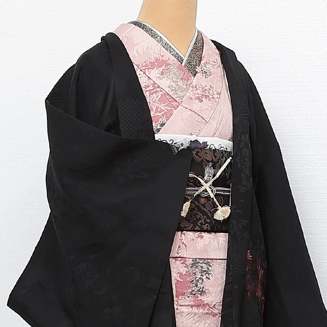 黒羽織 袷 身丈775cm 裄丈64cm 正絹 Aランク インフォーマル Mサイズ 刺繍 紐あり 菊 黒系 RP 1233-13744