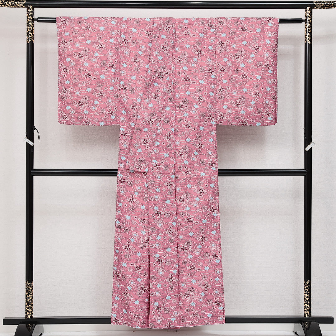 洗える着物 小紋 袷 身丈154cm 裄丈61cm ポリエステル Sランク インフォーマル 広衿 Sサイズ 花柄 ピンク系 RP 1221-14254