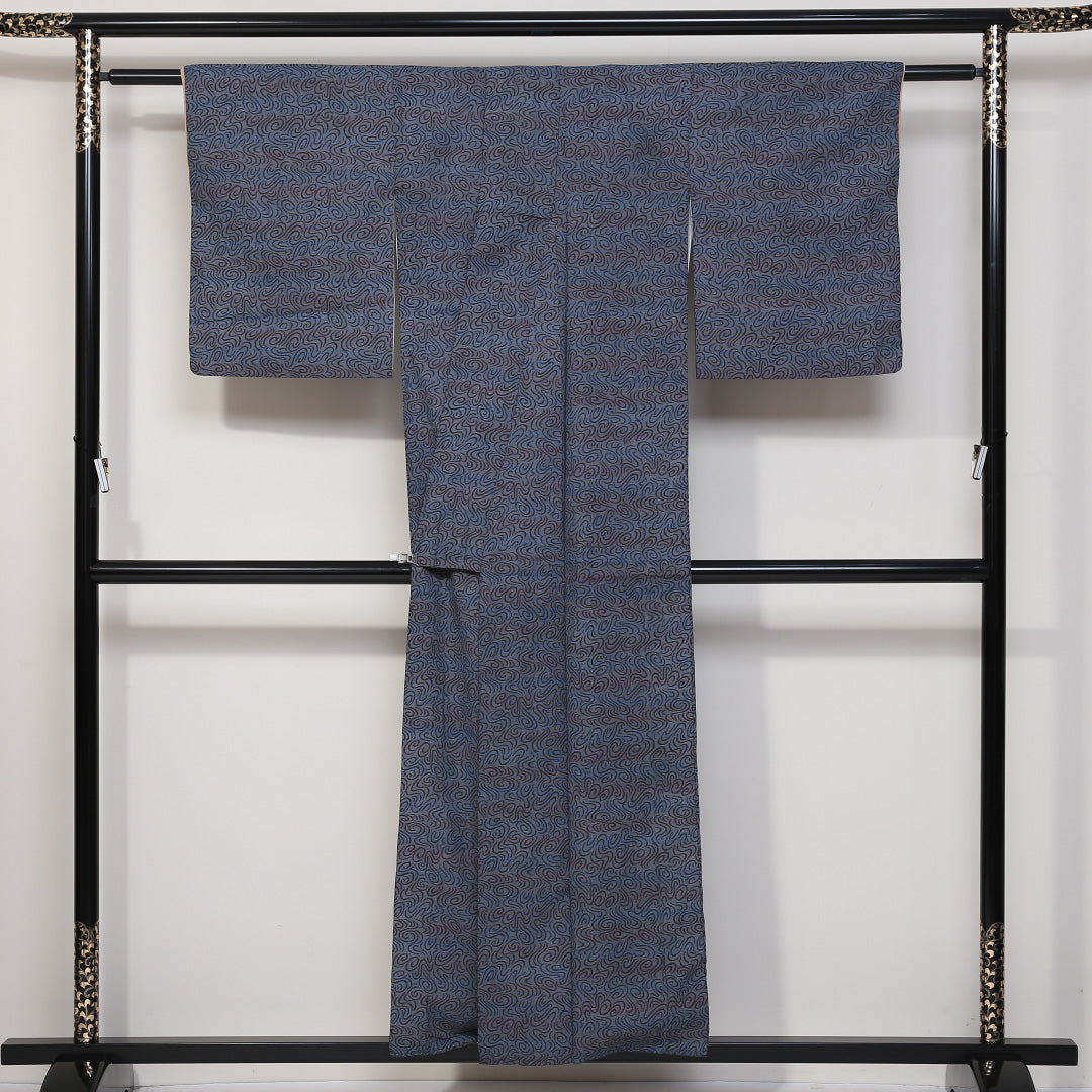 小紋 袷 身丈154cm 裄丈63cm 正絹 Aランク インフォーマル 広衿 Sサイズ 流水 青系 HP 1221-01710