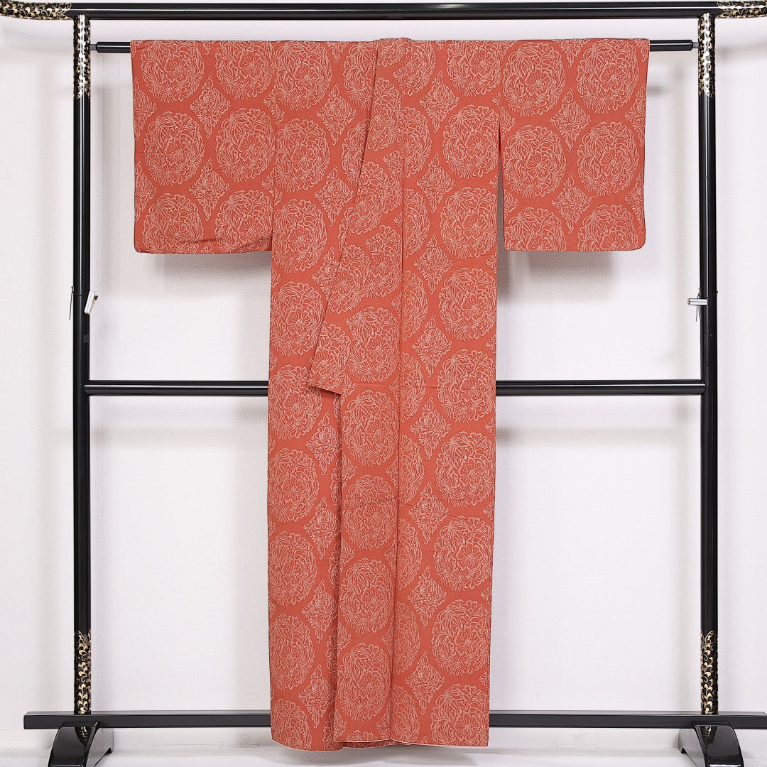 アンティーク お召 身丈158cm 裄丈62cm Aランク 袷 正絹 バチ衿 花文 1265-10116