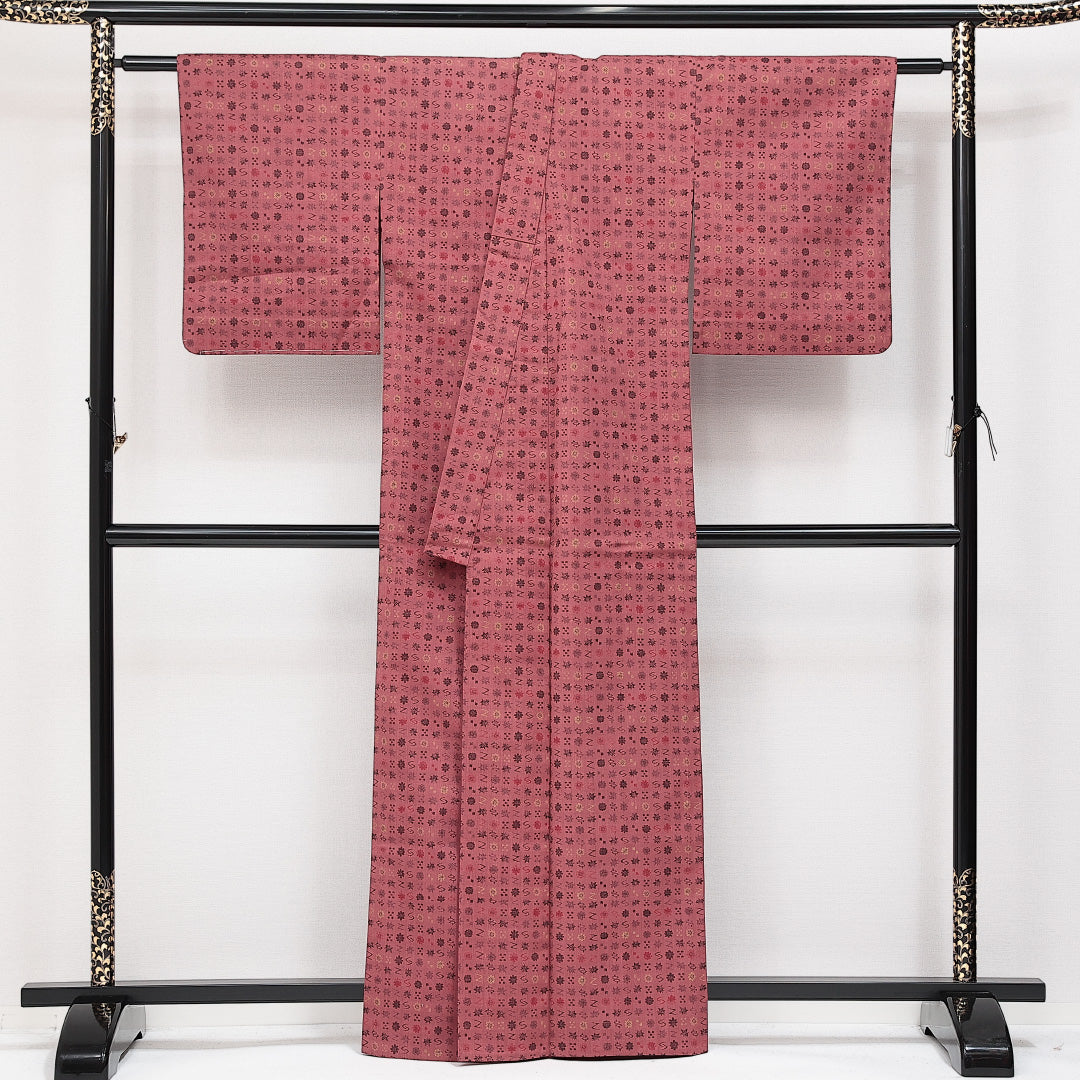 洗える着物 ウールの紬 単衣 身丈163cm 裄丈64cm ウール Sランク カジュアル バチ衿 Lサイズ 幾何学柄 茶系 RP 1223-14612