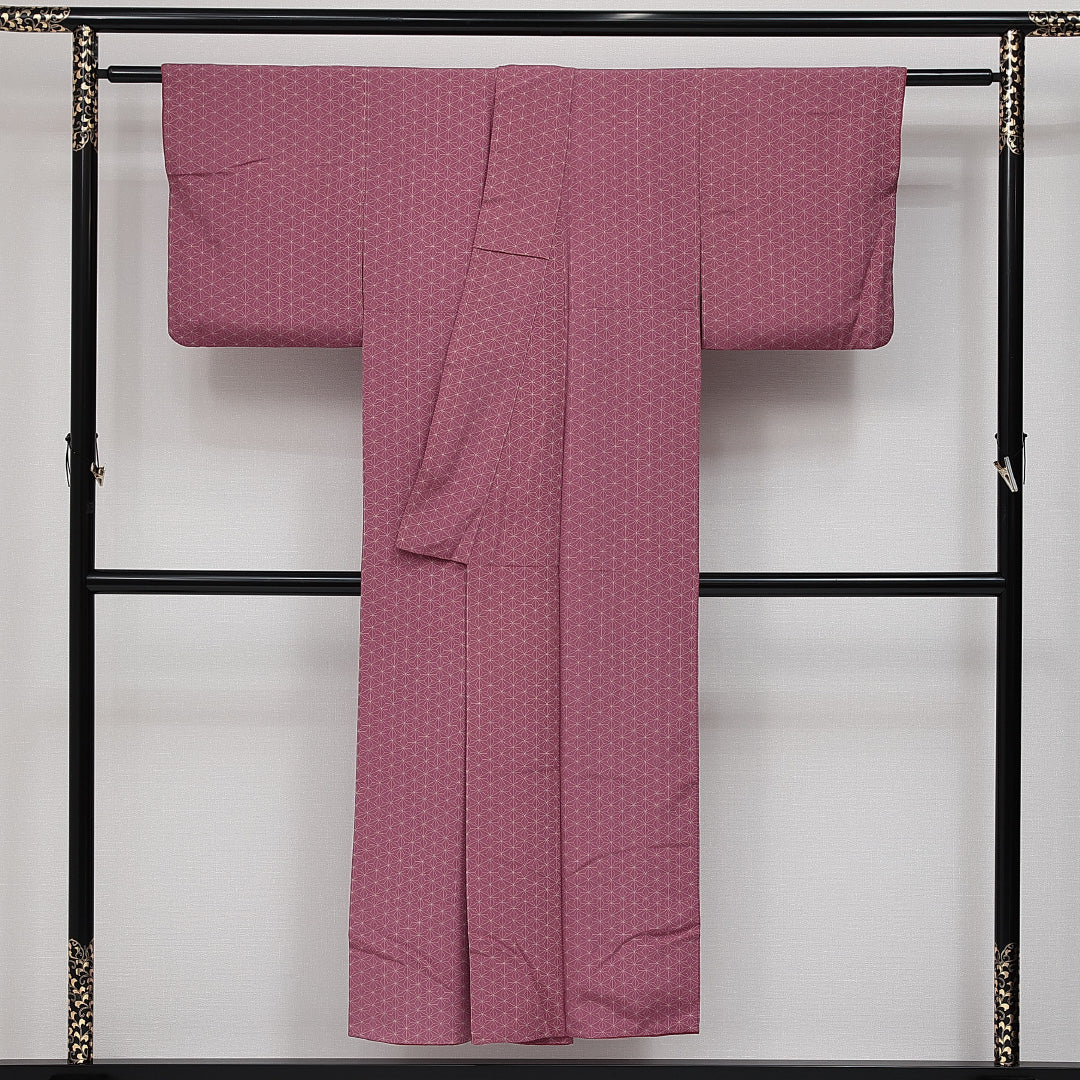 小紋 袷 身丈149cm 裄丈59cm 正絹 Sランク インフォーマル 広衿 XSサイズ 麻の葉 紫系 RP 1221-14328