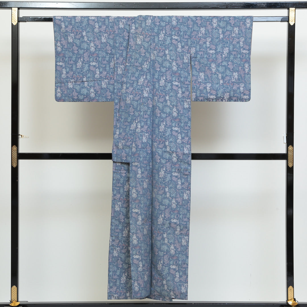 紬 袷 身丈150cm 裄丈62cm 正絹 Cランク Sサイズ 広衿 カジュアル 創作柄 青系 1216-00761
