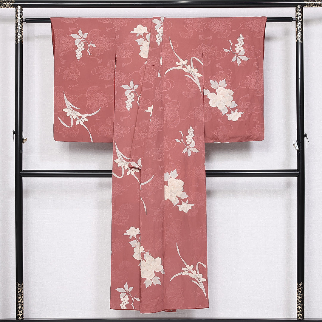アンティーク 小紋 身丈145cm 裄丈60.5cm XS 正絹 Cランク 袷 広衿 椿 葡萄 1215-10722