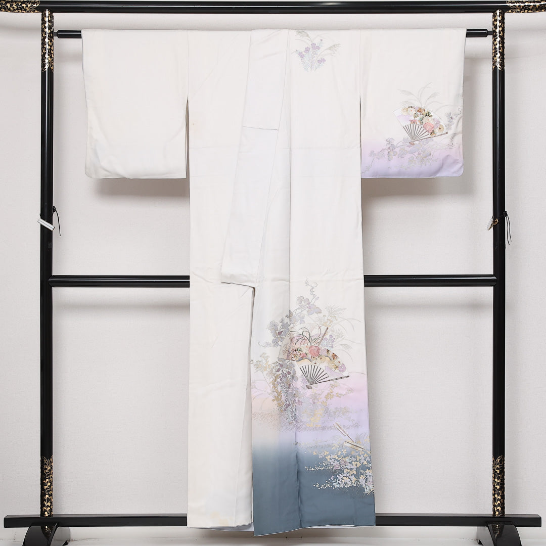 訪問着 袷 身丈147cm 裄丈63cm Sランク 正絹 広衿 XSサイズ セミフォーマル 扇 菊 古典的 気品 白系 1212-13596