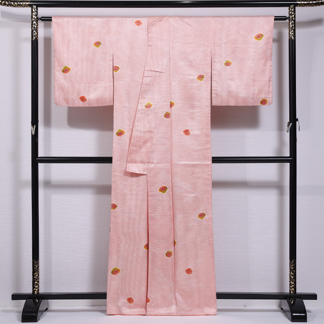 洗える着物 小紋 (お召) 袷 身丈160cm 裄丈64cm ポリエステル Sランク インフォーマル 広衿 Lサイズ 亀甲 ピンク系 RP 1221-11655