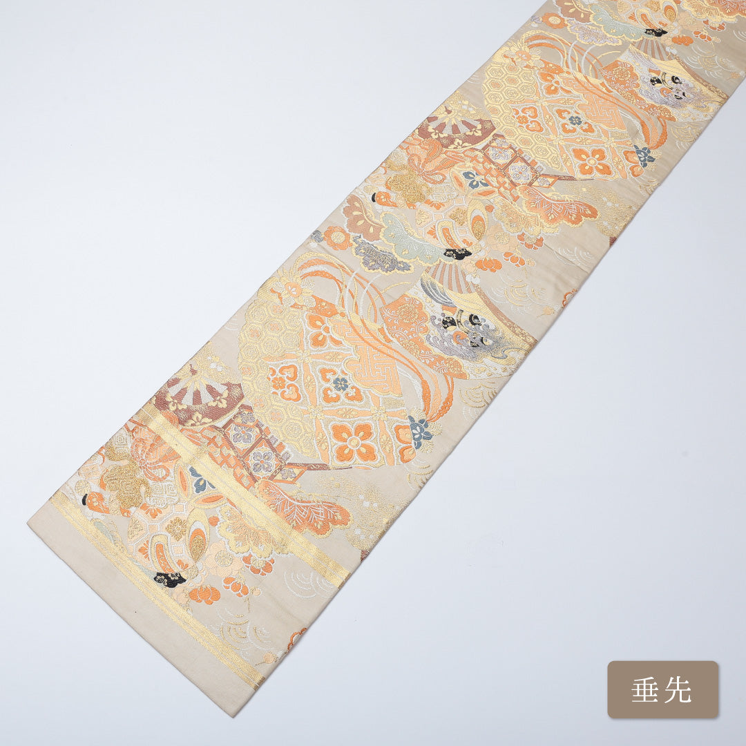 アンティーク 丸帯 帯丈404cm 全通 花車 フォーマル ベージュ系 正絹 Bランク 1223-00588