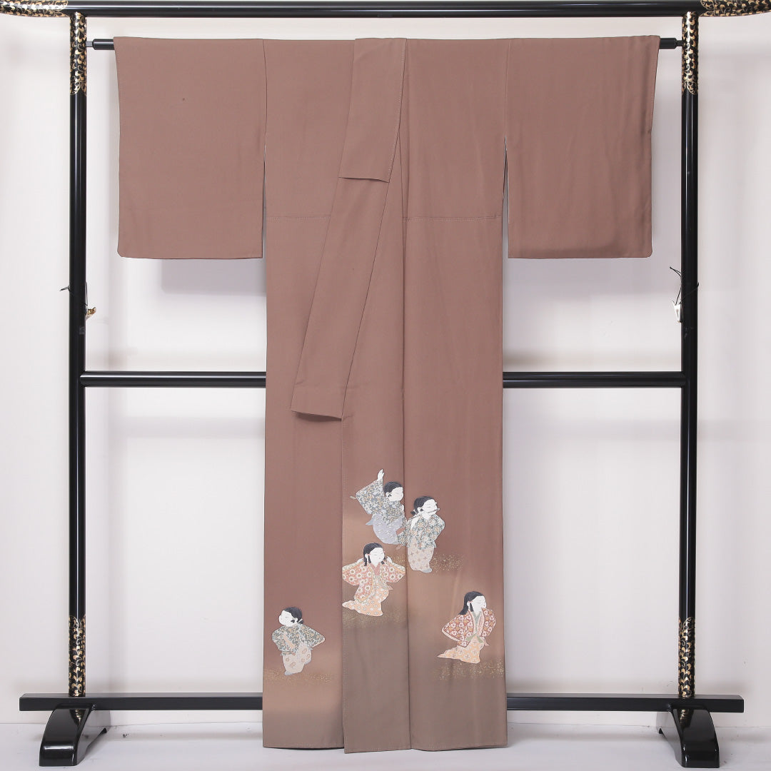 色留袖 一つ紋 丸に蔦 身丈162cm 裄丈65.5cm Bランク 正絹 袷 広衿 L 作家物 落款 金彩 童 人物 セミフォーマル 茶系 1211-F0265